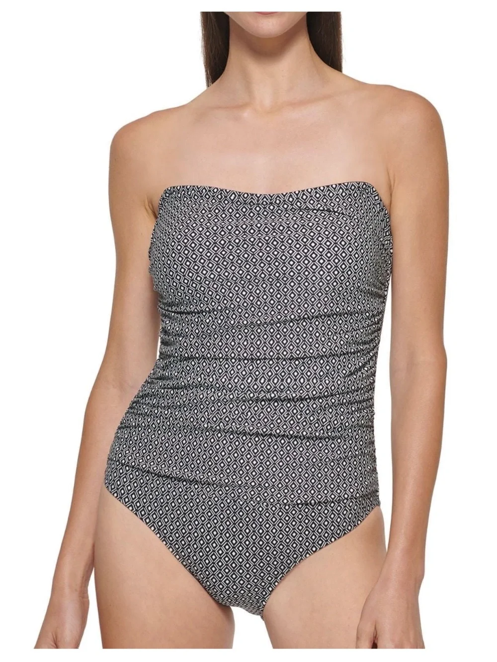 Dkny One Piece Bandeau Maillot Swimsuit L Black White Removable Straps Ruching - Picture 8 of 16